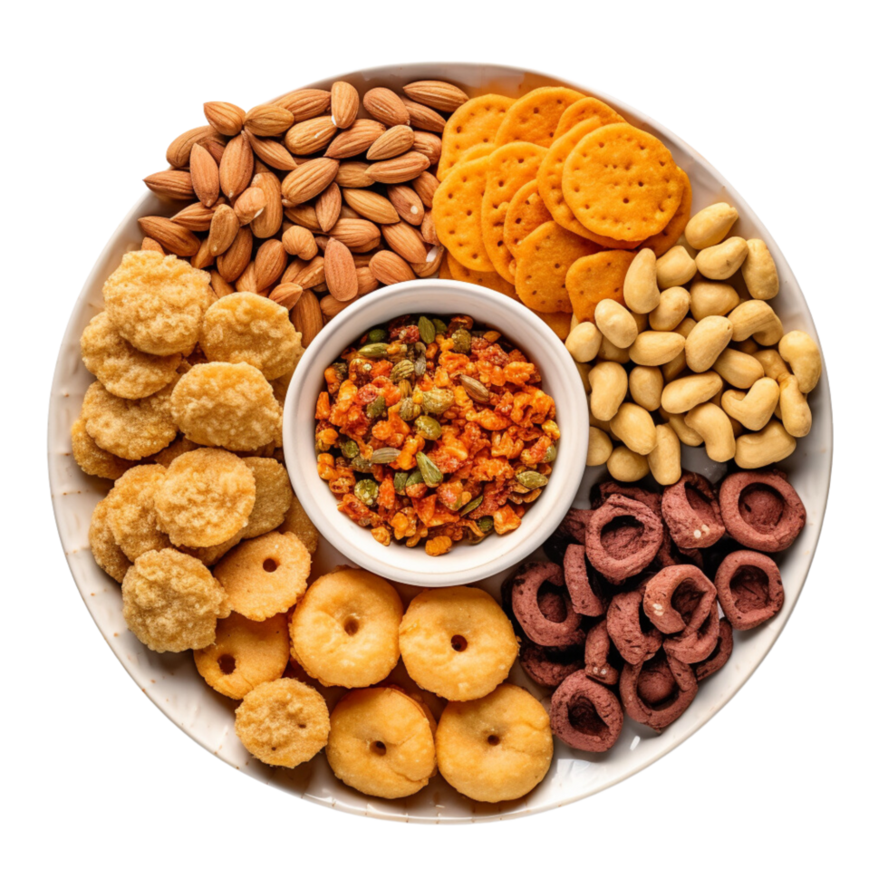 A plate with all kinds of spicy and soft Indian snacks on a white bowl top view isolated on a transparent background png