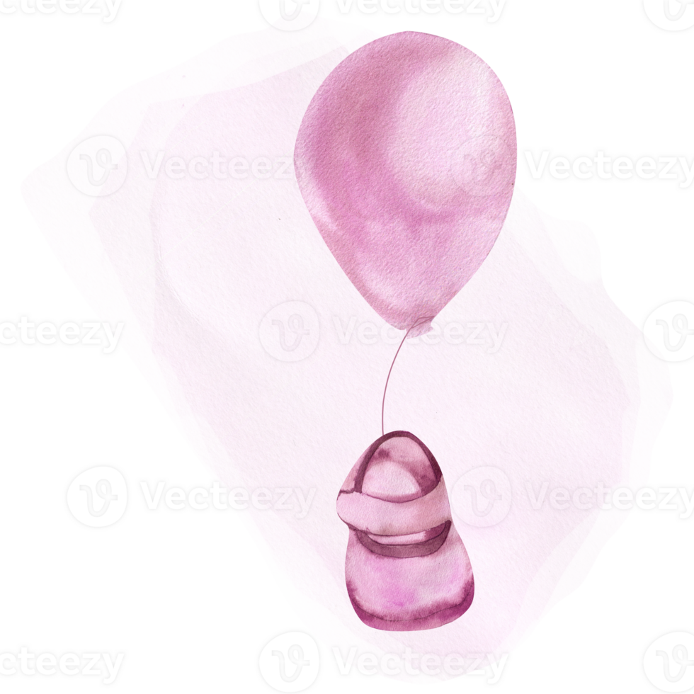 Watercolor baby girl pink shoe on balloon with pale splash background. Hand drawn new born boots on balloon for poster, greeting card, birthday, gender party decor. Milestone card design png