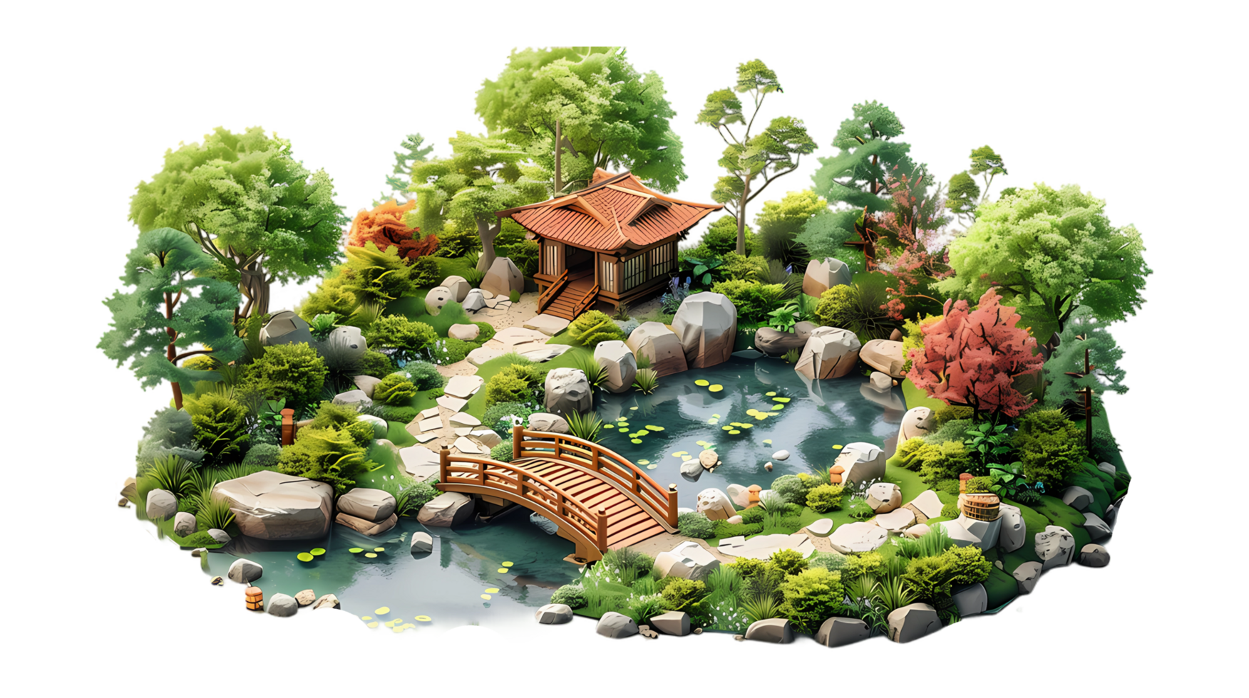 isometric style an asian garden with a bridge and a pond png