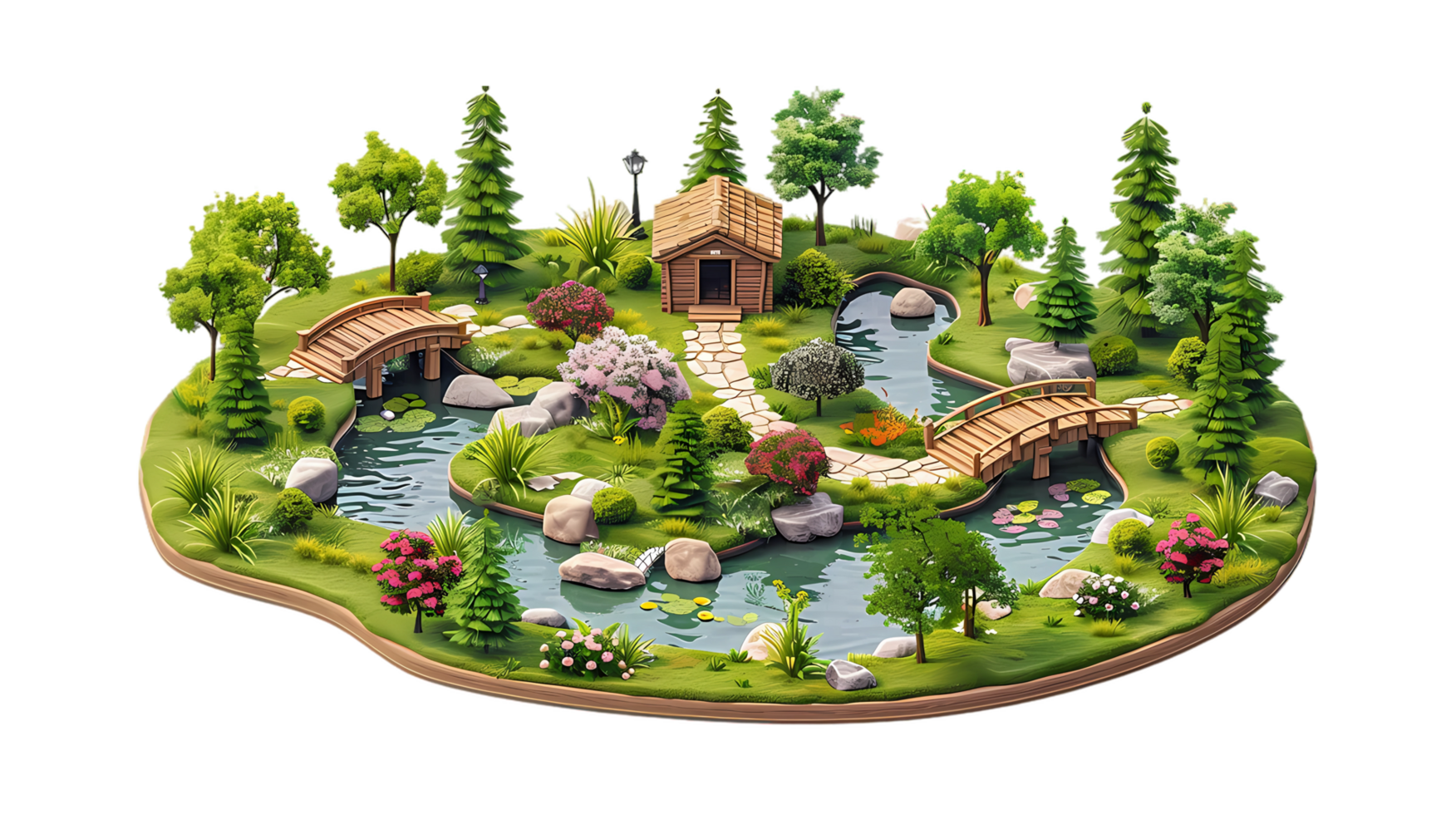 isometric style a small garden with a bridge and a wooden house on it png