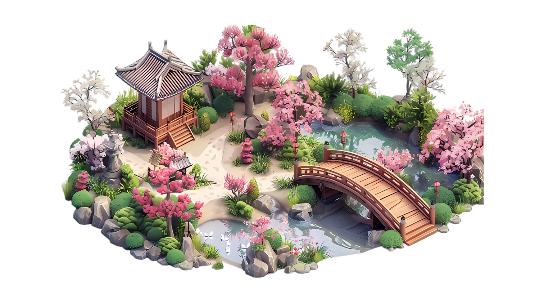 isometric style, an asian house with a bridge and water png