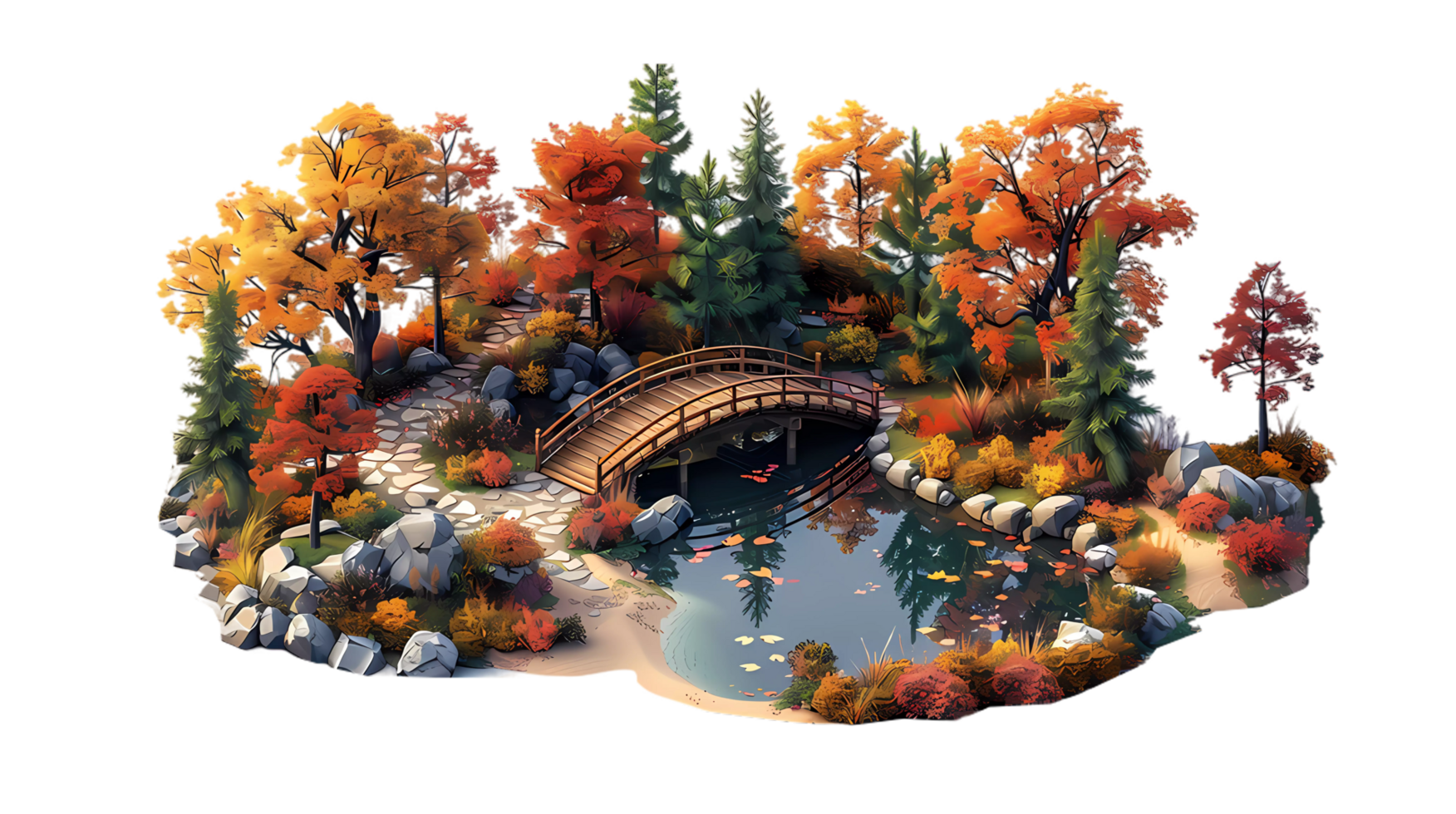 isometric style, an autumn scene with a bridge and trees png
