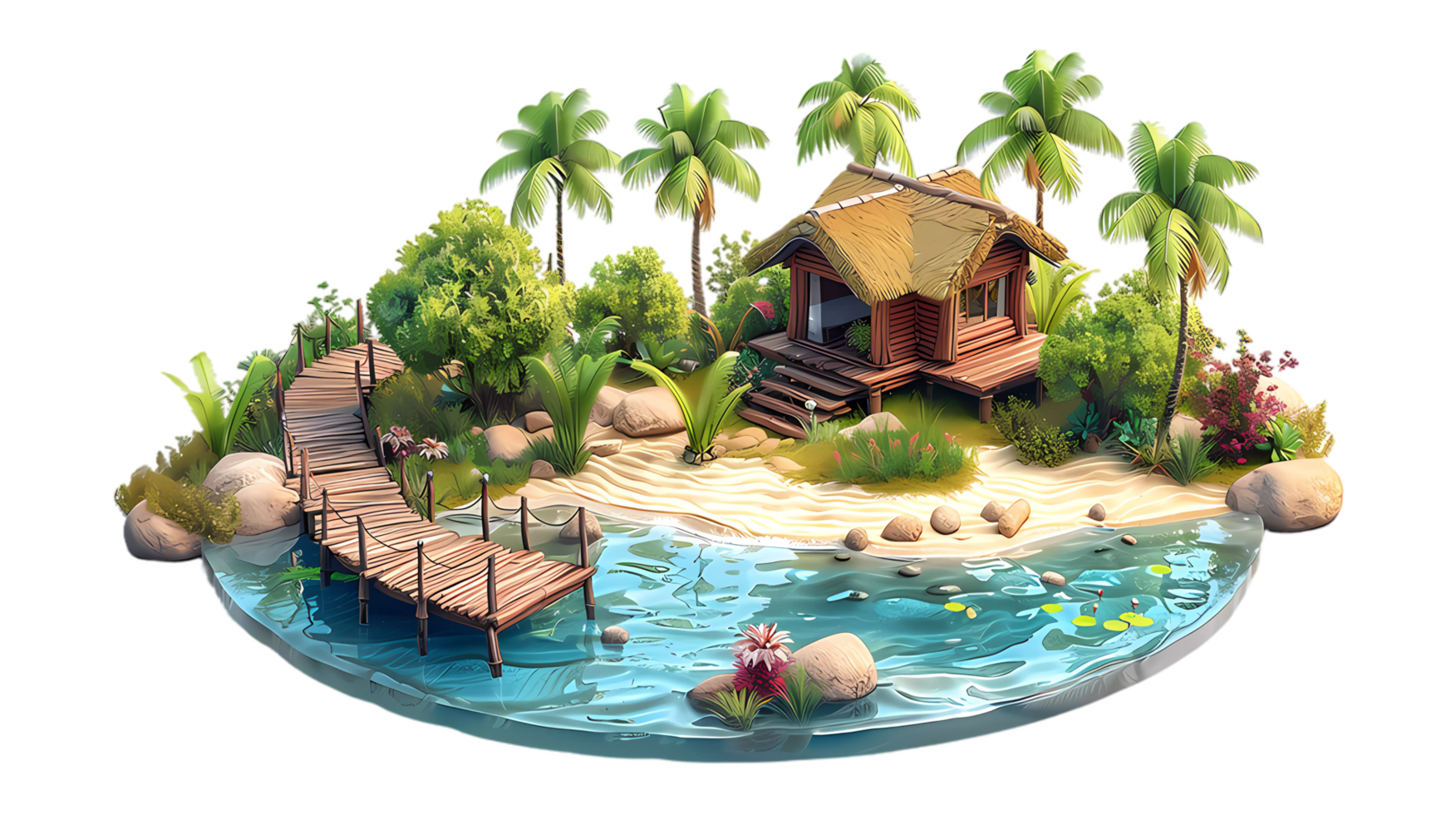 isometric style tropical island with hut, palm trees and water png