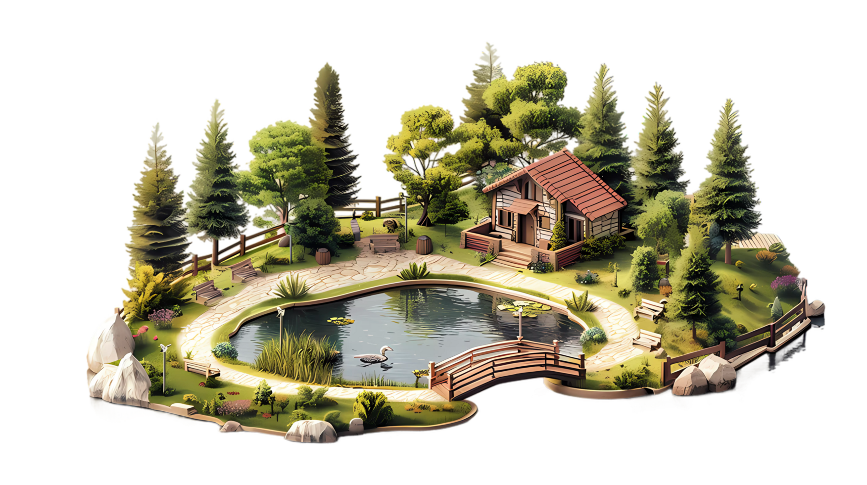 isometric style a small house surrounded by trees and a pond png