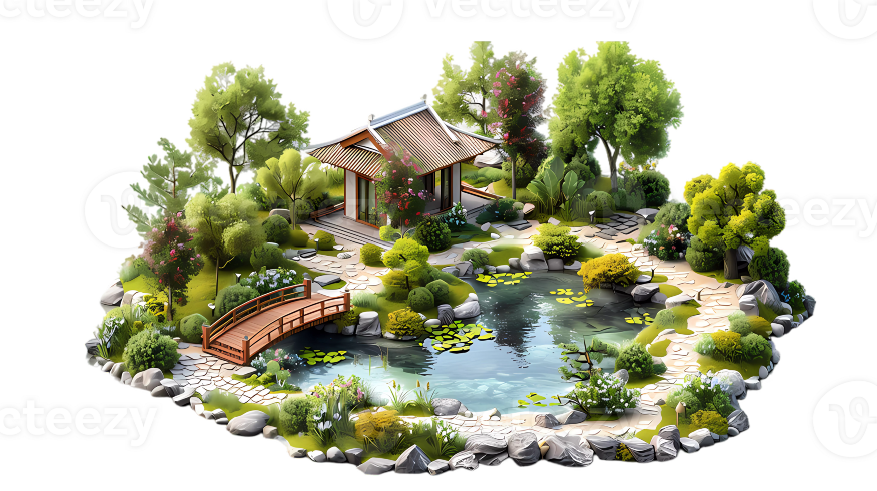 isometric style an asian garden with a pond and bridge png