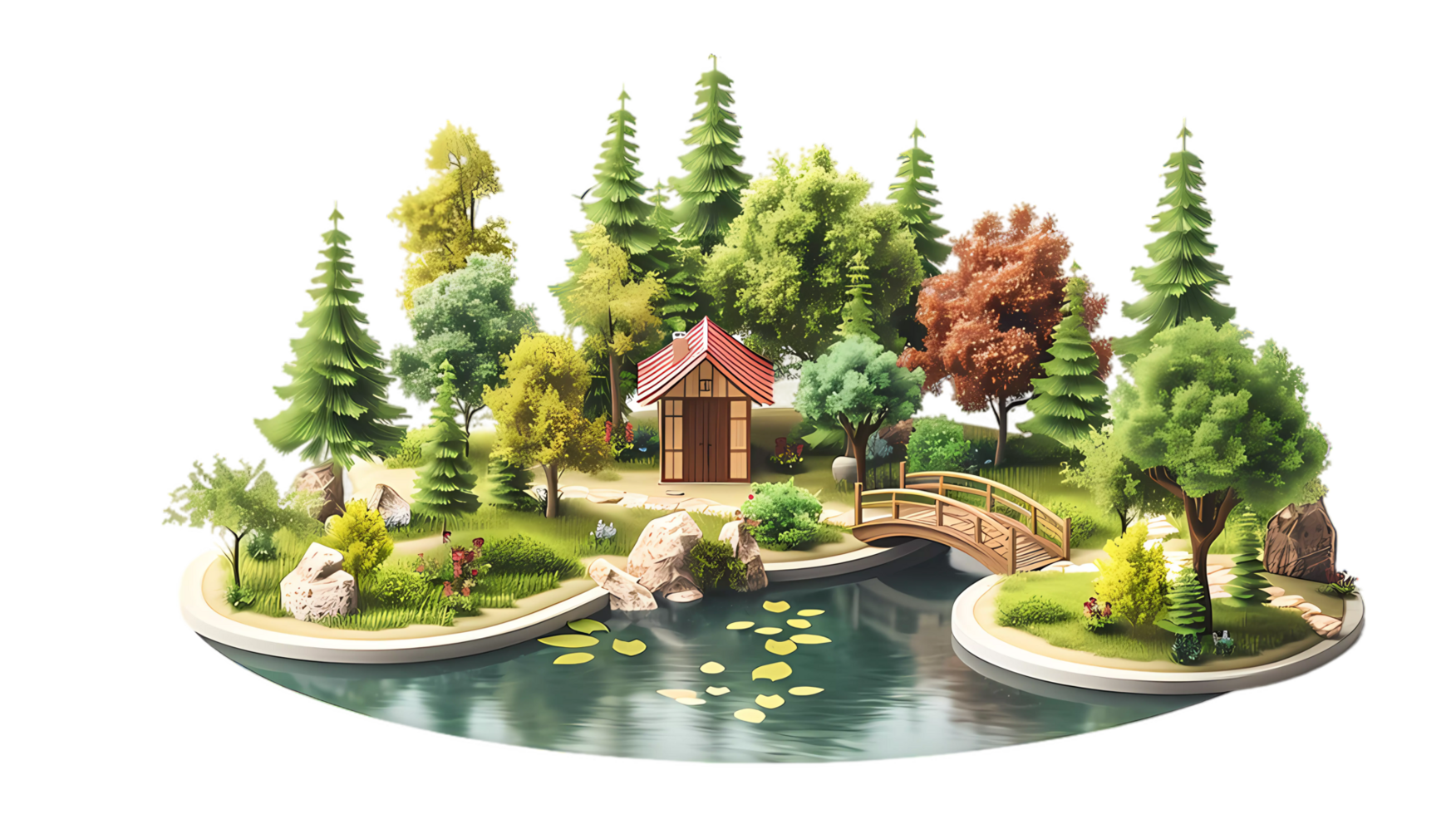 a small island with a house and a bridge isometric style png