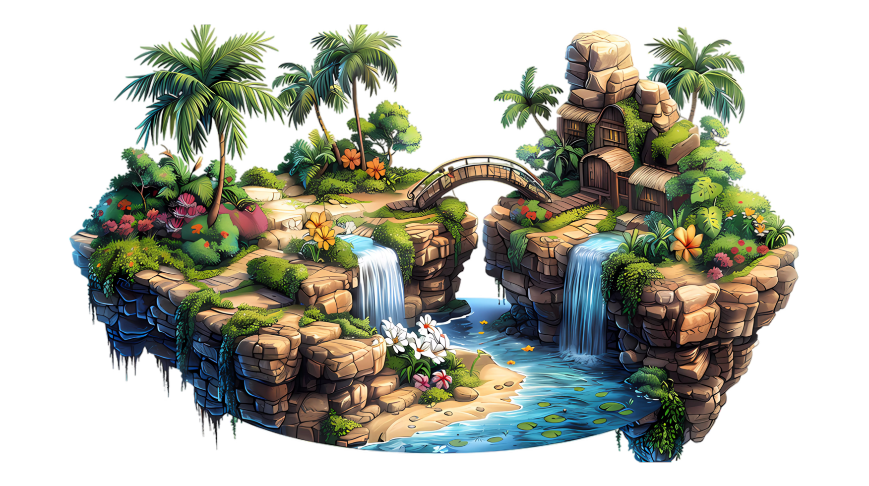 isometric style, an island with a waterfall and palm trees png