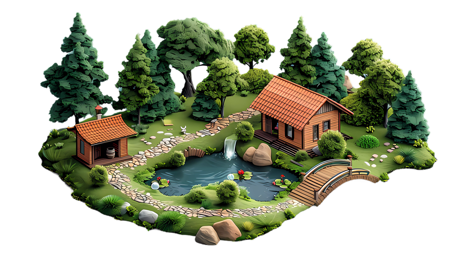 isometric style, an illustration of a house in the forest with a bridge and trees png
