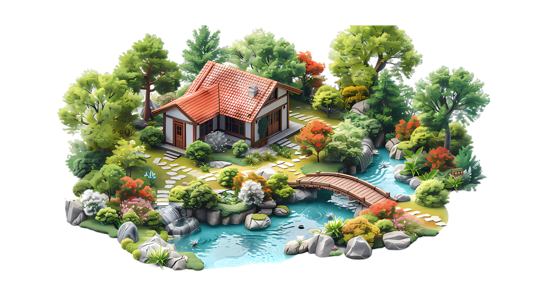isometric style, an illustration of a house in the forest with a bridge and trees png