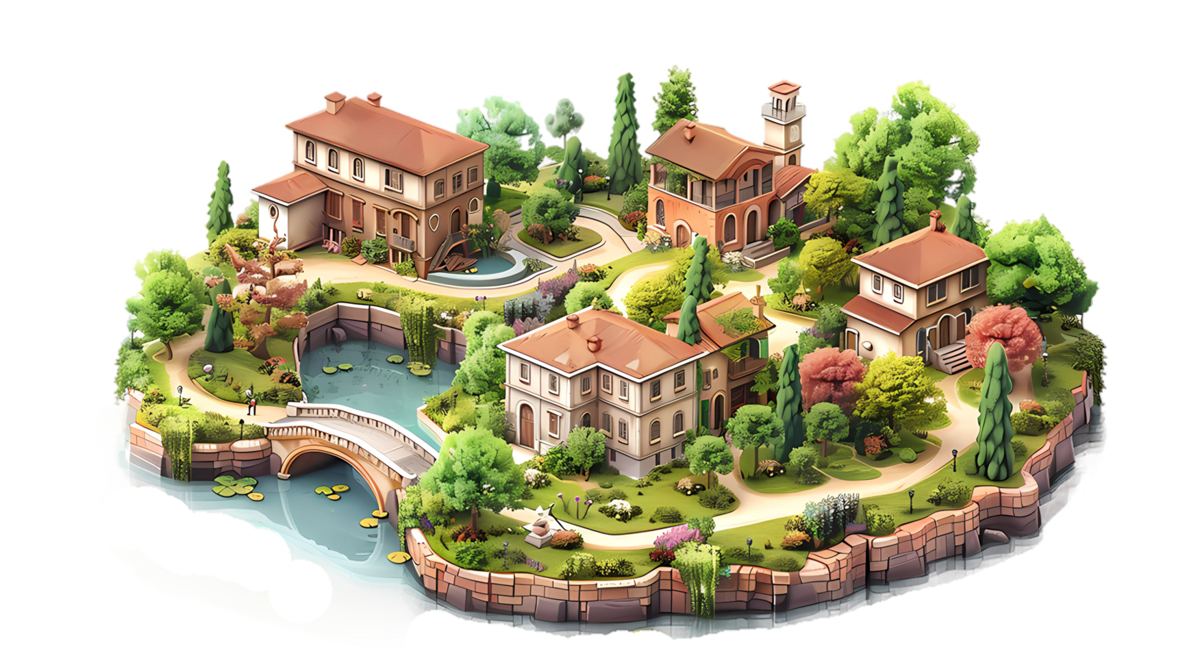 isometric building, pond and trees on it png