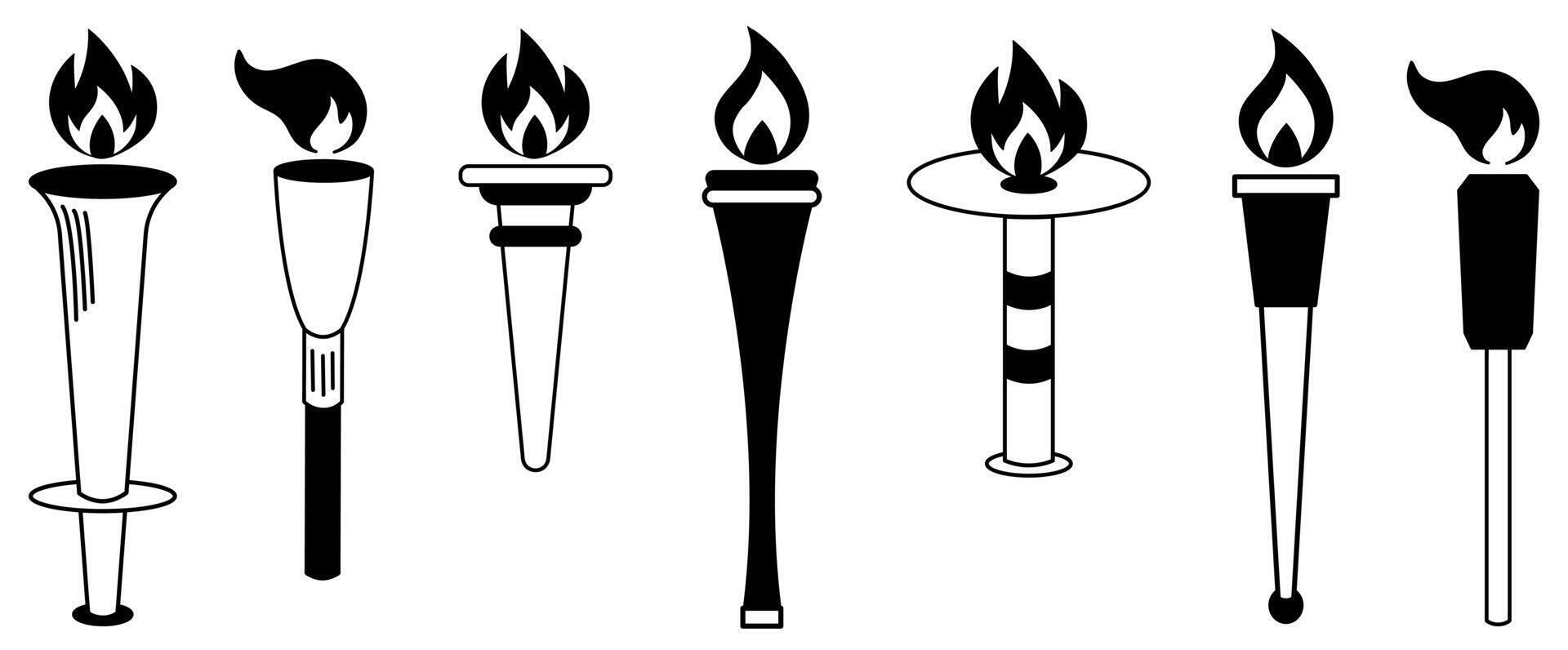Set black and white icons of torches with flaming fire vector