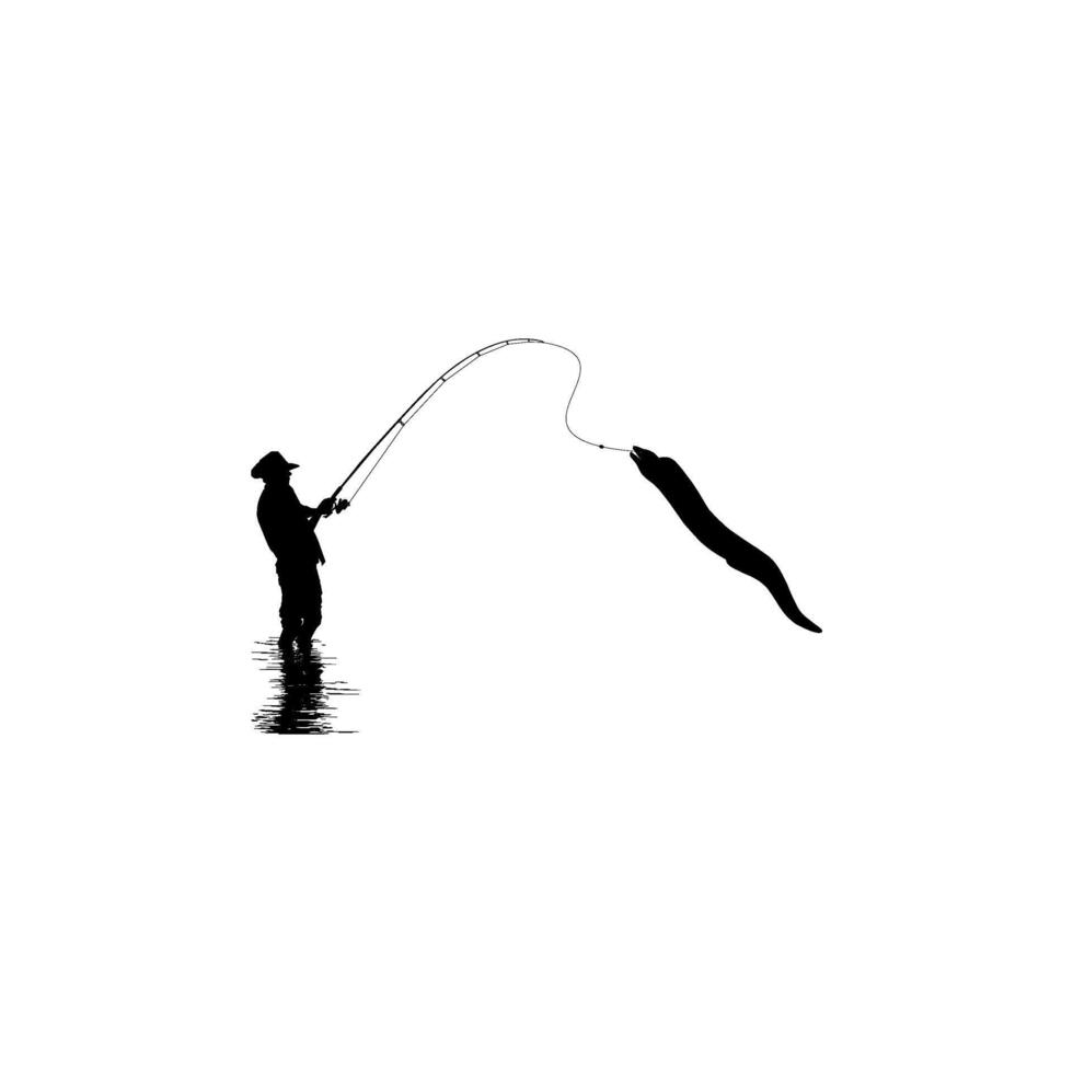 Silhouette of the Fisherman or Angler Catch Moray Eel, can use for Art Illustration, Logo Gram, Sticker, or Graphic Design Element vector