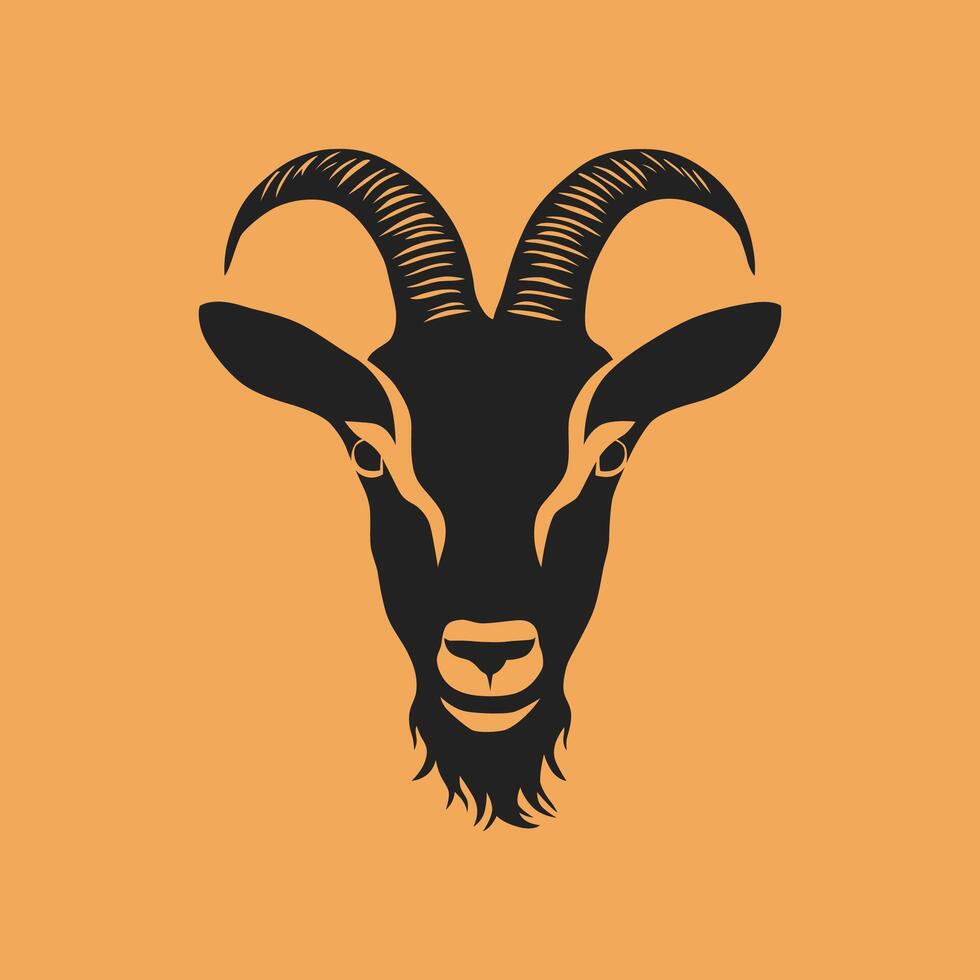 Black silhouette of a goat head with big horns facing forward on an orange background vector