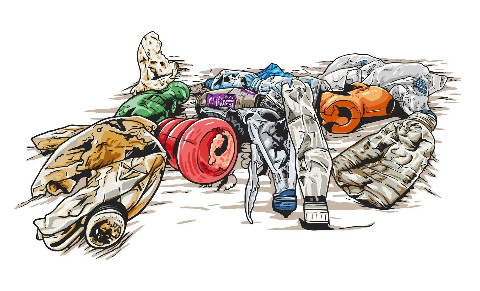 Detailed illustration of a variety of trash items scattered on the ground vector