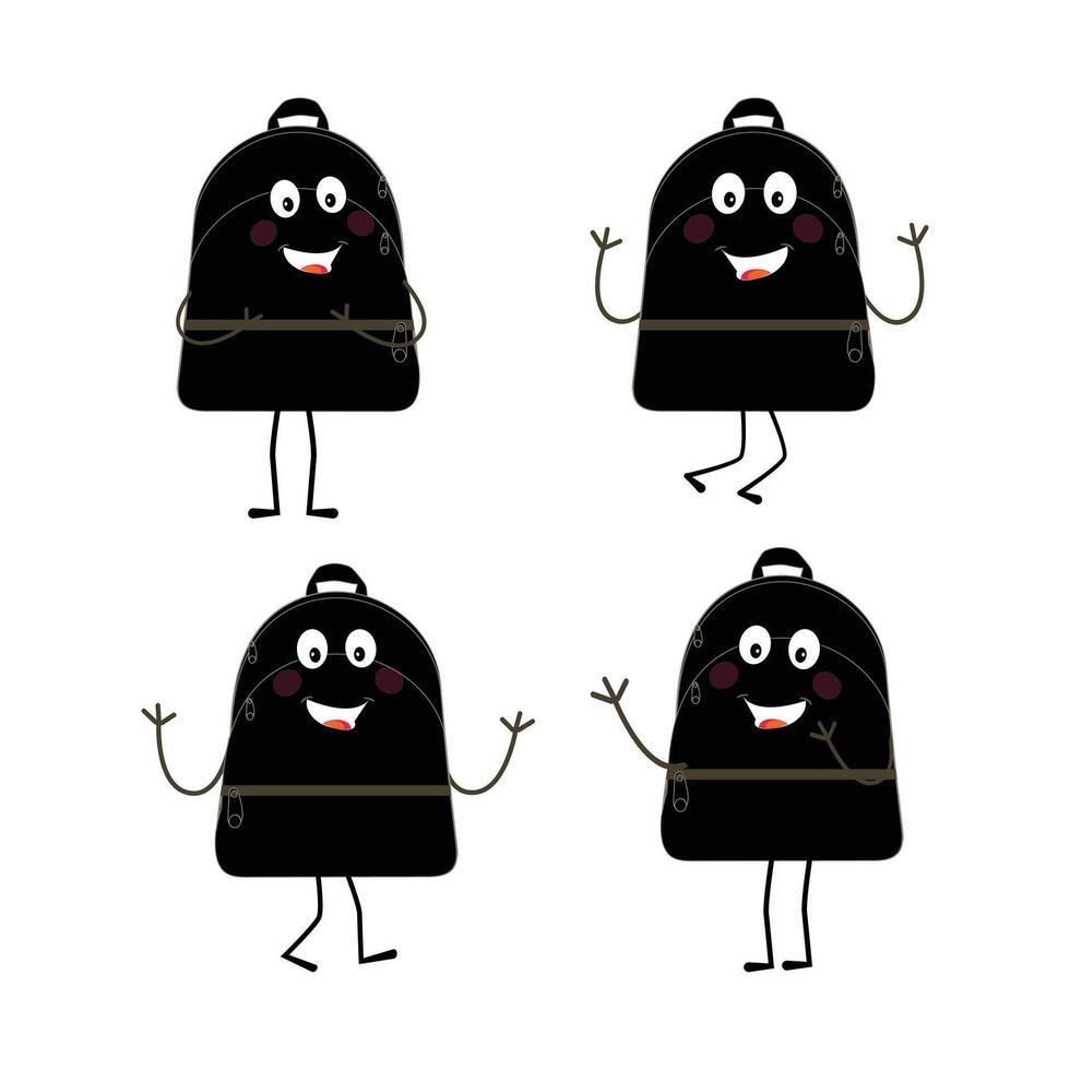 A set of cartoon backpack mascots with different expressions and poses. Perfect for educational materials, promotional graphics, and childrens content. vector