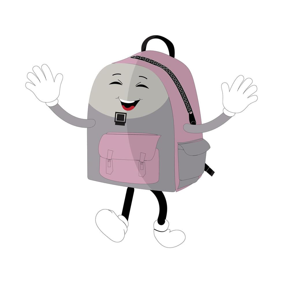 Backpack mascot cartoon Back to school and have fun. Character doodle illustration of walking school bag, Retro character design of a school bag vector