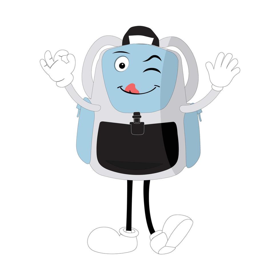 Backpack mascot cartoon Back to school and have fun. Character doodle illustration of walking school bag, Retro character design of a school bag vector