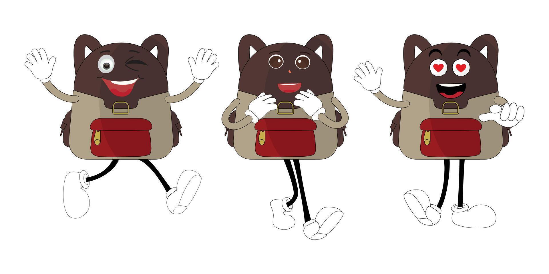 A set of cartoon backpack mascots with different expressions and poses. Perfect for educational materials, promotional graphics, and childrens content. vector