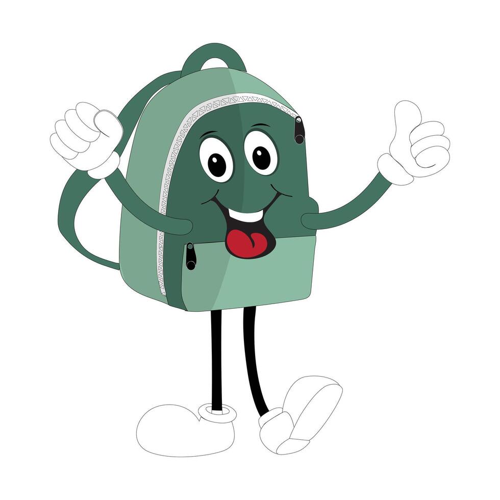 Backpack mascot cartoon Back to school and have fun. Character doodle illustration of walking school bag, Retro character design of a school bag vector