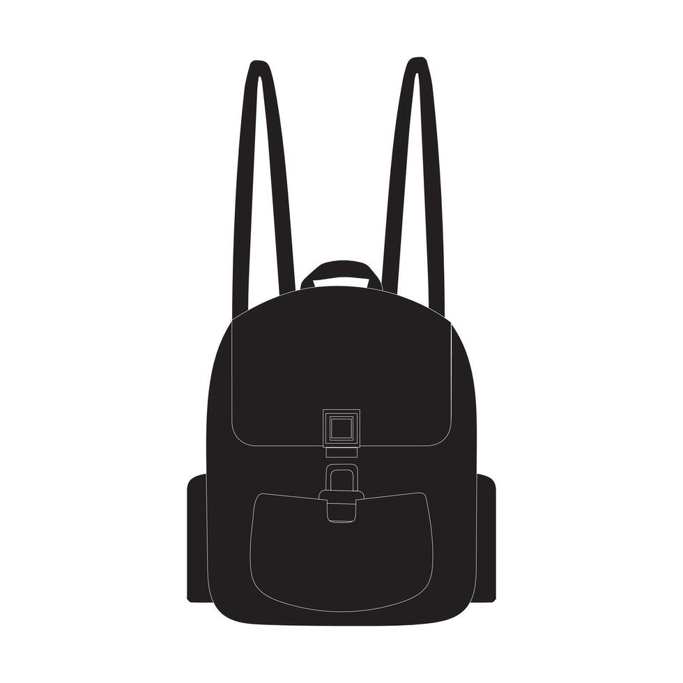 A black backpack silhouette with a front pocket and side pockets. Ideal for use in promotional materials, advertisements, and product vector