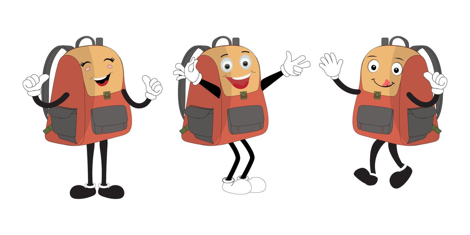 A set of cartoon backpack mascots with different expressions and poses. Perfect for educational materials, promotional graphics, and childrens content. vector