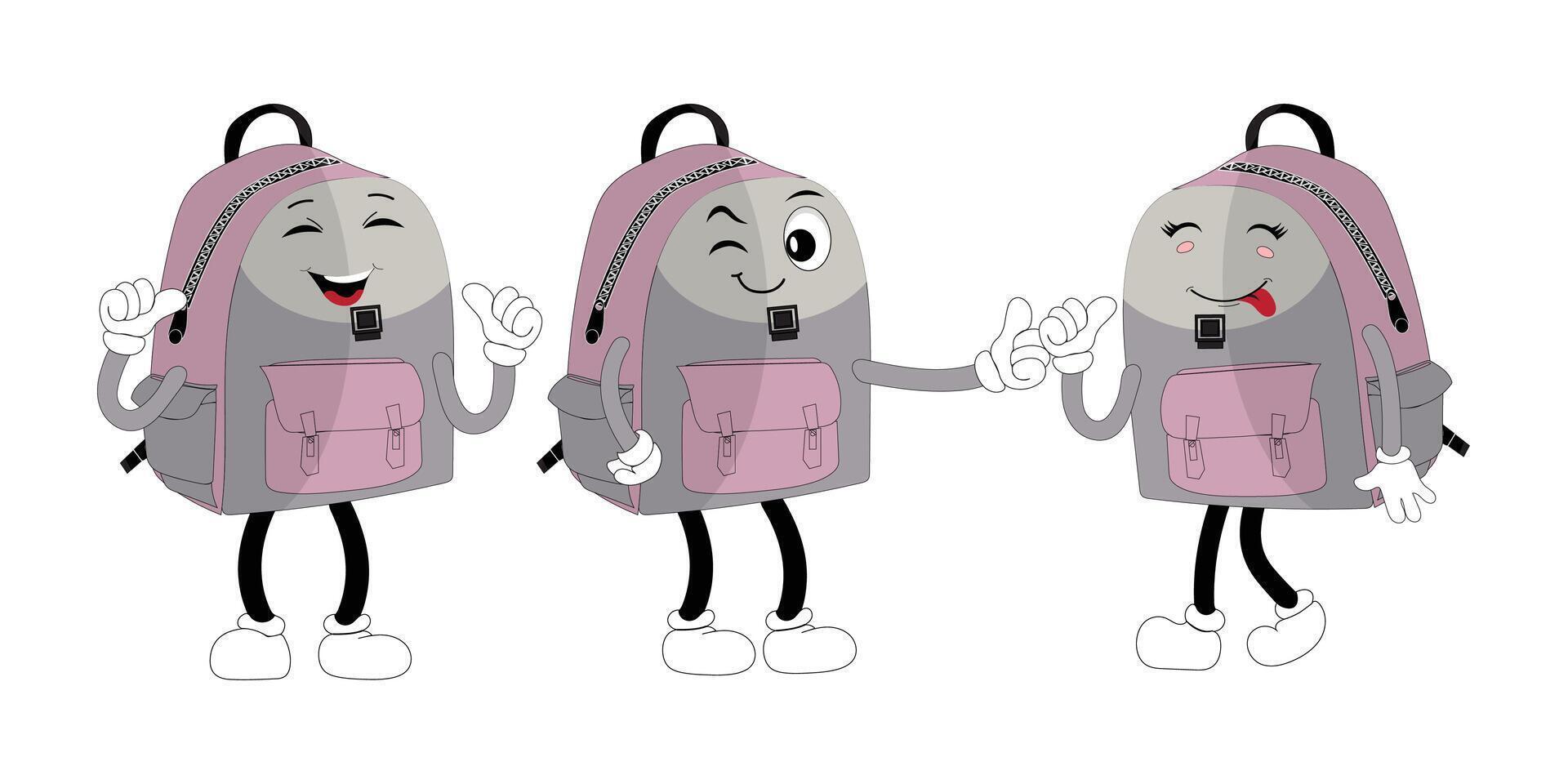 A set of cartoon backpack mascots with different expressions and poses. Perfect for educational materials, promotional graphics, and childrens content. vector