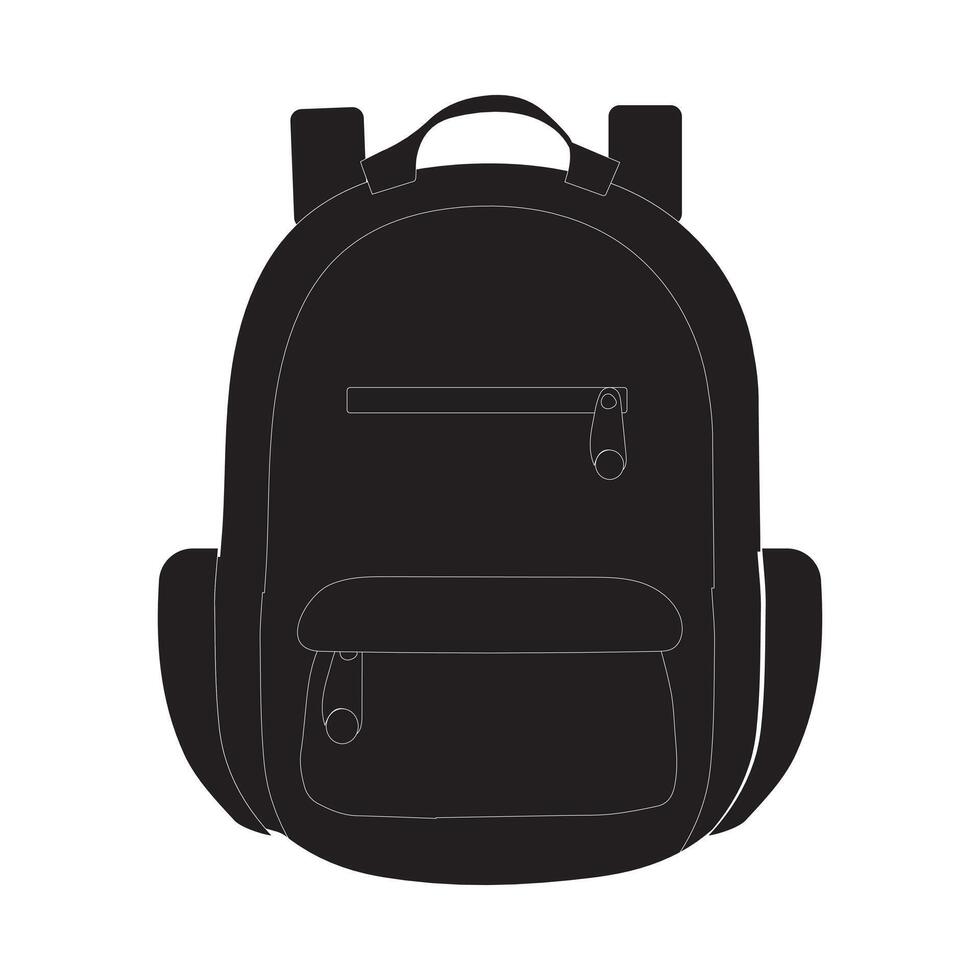 A black backpack silhouette with a front pocket and side pockets. Ideal for use in promotional materials, advertisements, and product vector