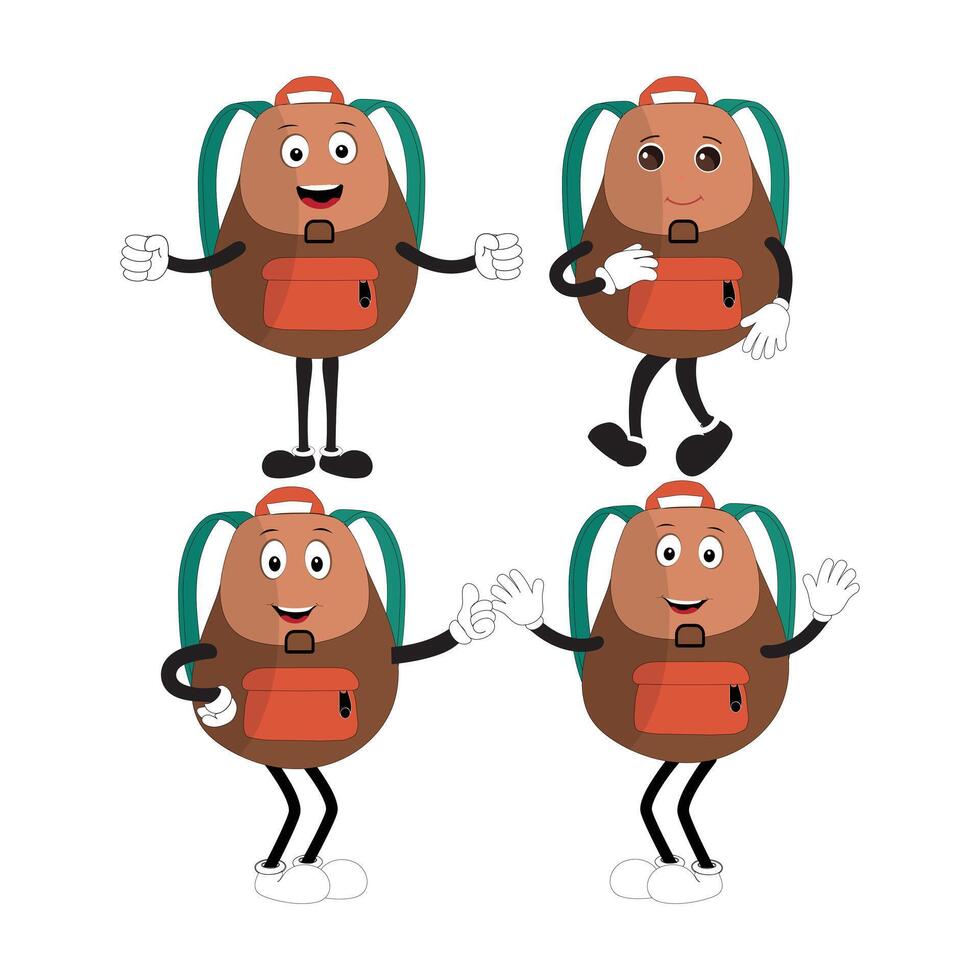 A set of cartoon backpack mascots with different expressions and poses. Perfect for educational materials, promotional graphics, and childrens content. vector