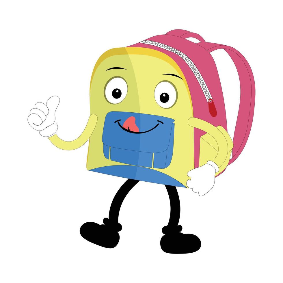 Backpack mascot cartoon Back to school and have fun. Character doodle illustration of walking school bag, Retro character design of a school bag vector