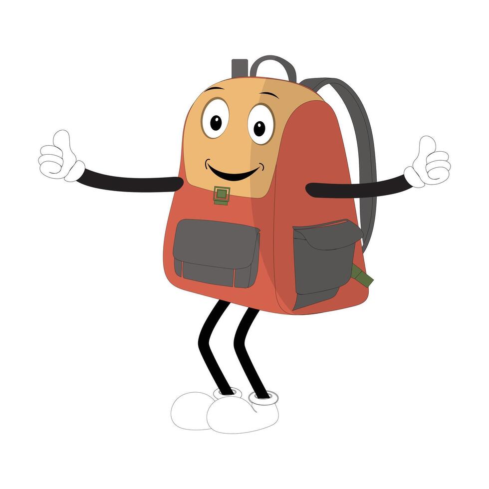 Backpack mascot cartoon Back to school and have fun. Character doodle illustration of walking school bag, Retro character design of a school bag vector