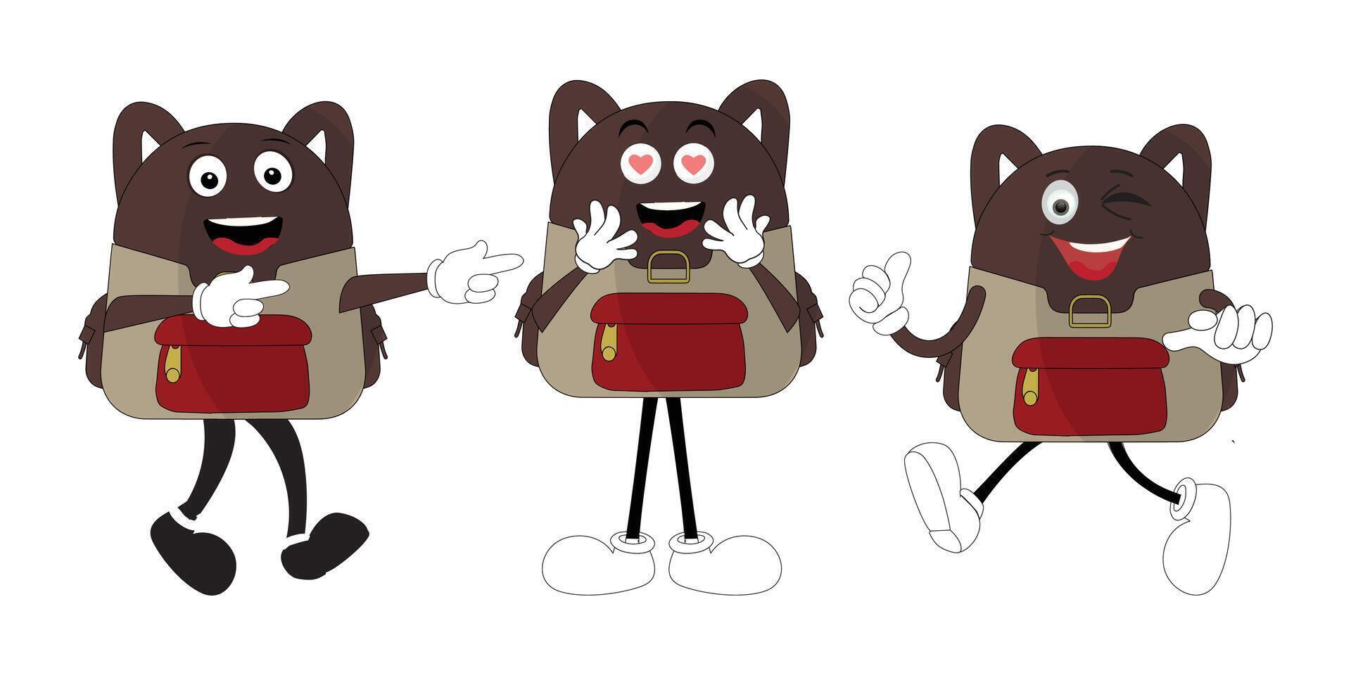 A set of cartoon backpack mascots with different expressions and poses. Perfect for educational materials, promotional graphics, and childrens content. vector