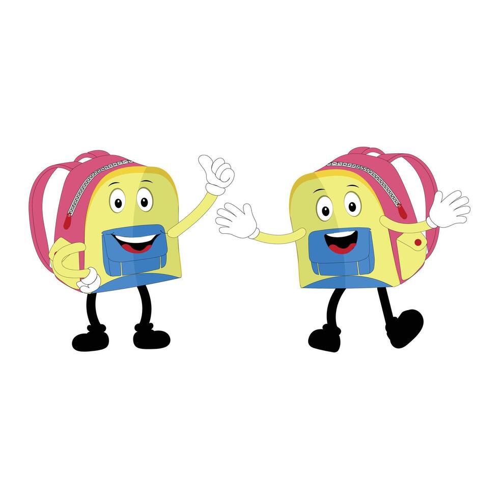A set of cartoon backpack mascots with different expressions and poses. Perfect for educational materials, promotional graphics, and childrens content. vector