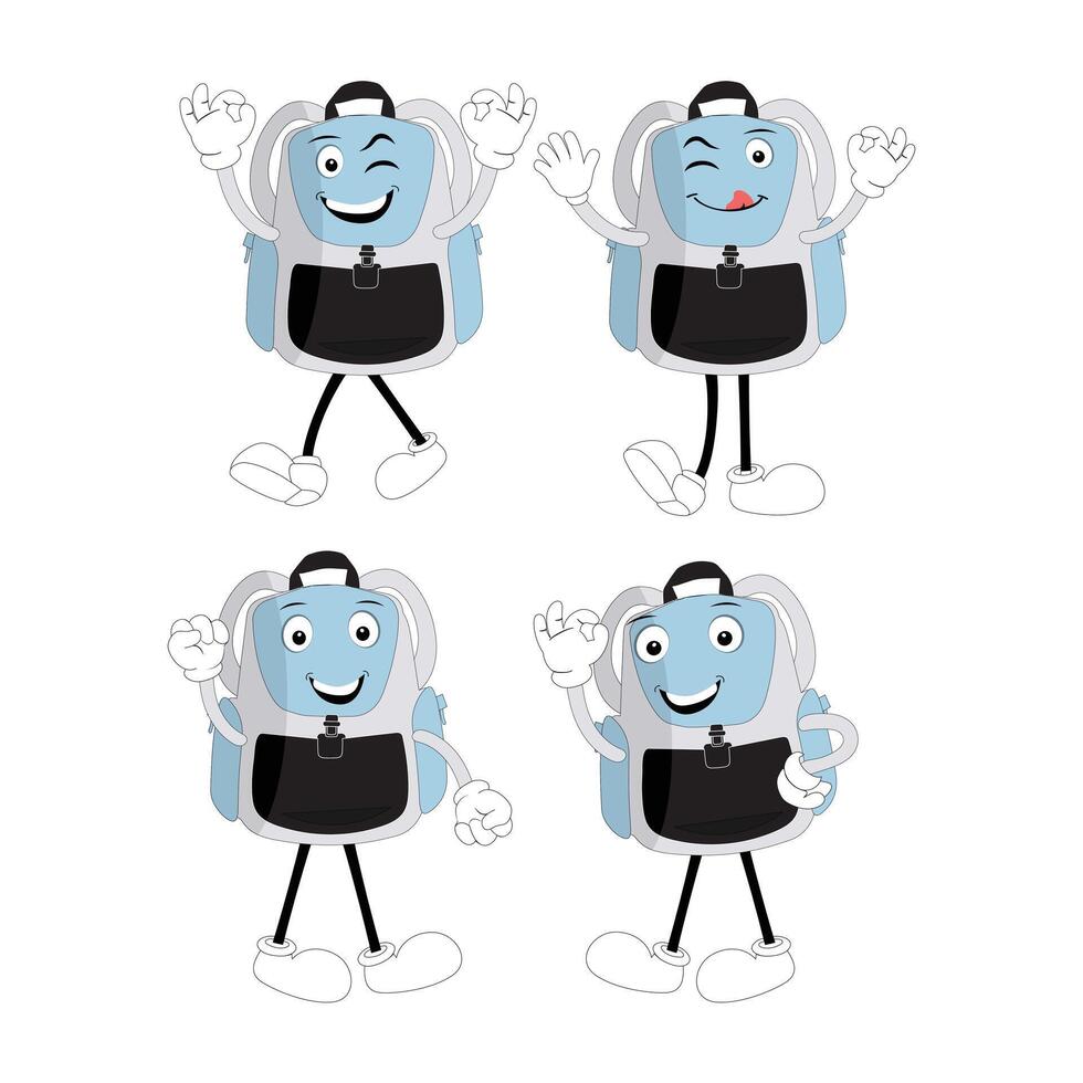 A set of cartoon backpack mascots with different expressions and poses. Perfect for educational materials, promotional graphics, and childrens content. vector
