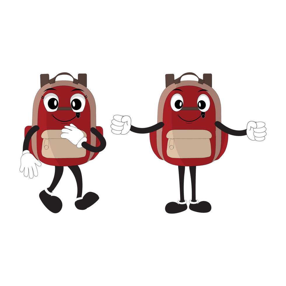 A set of cartoon backpack mascots with different expressions and poses. Perfect for educational materials, promotional graphics, and childrens content. vector