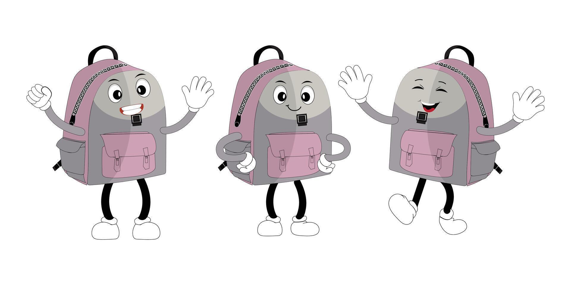 A set of cartoon backpack mascots with different expressions and poses. Perfect for educational materials, promotional graphics, and childrens content. vector