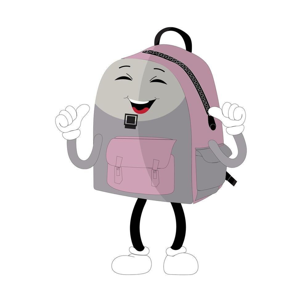 Backpack mascot cartoon Back to school and have fun. Character doodle illustration of walking school bag, Retro character design of a school bag vector