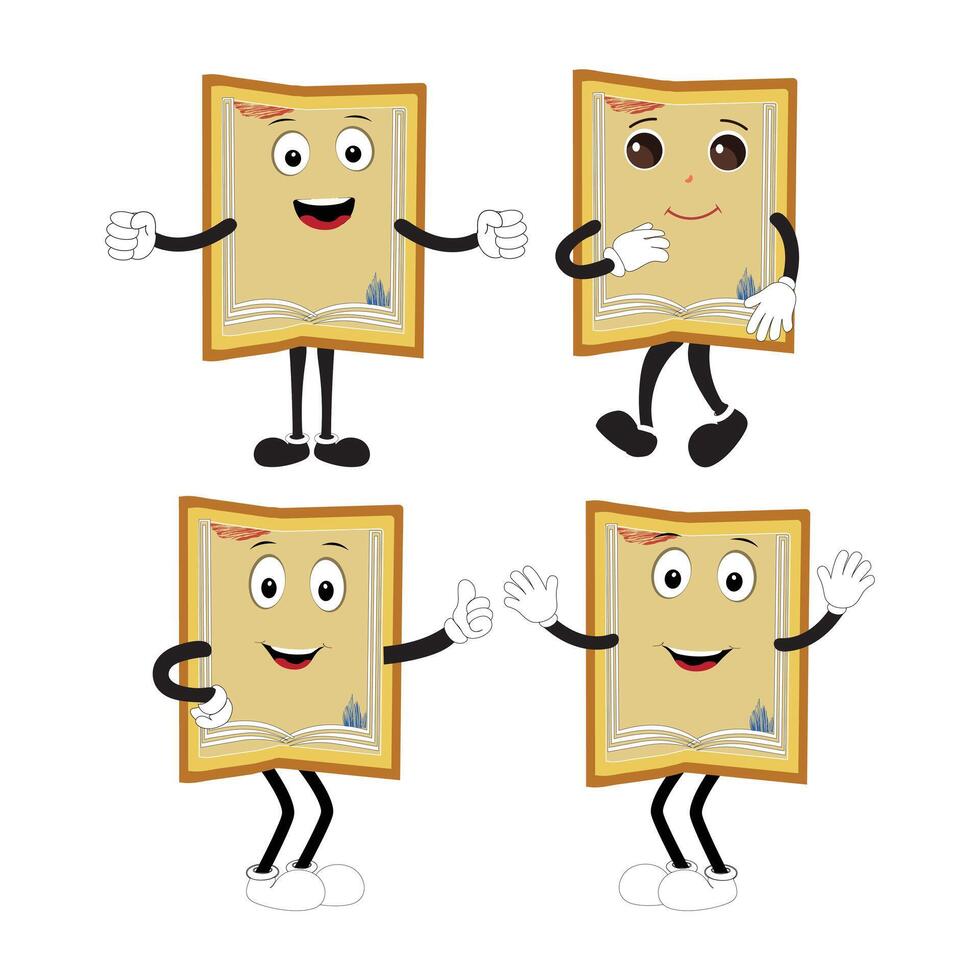 Cute cartoon book set character with different emotions and in action. Collection of cartoon,retro, groovy characters. Flat icons set isolated on white background. vector