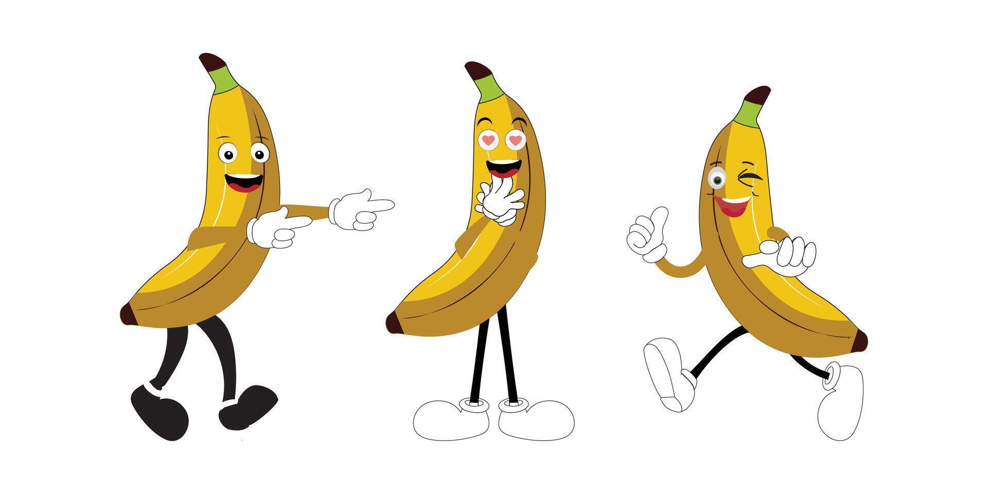 Groovy banana. Set funny cartoon trendy retro style fruit character. Ripe banana and banana peel in flat style. Doodle comic illustration dancing banana. vector
