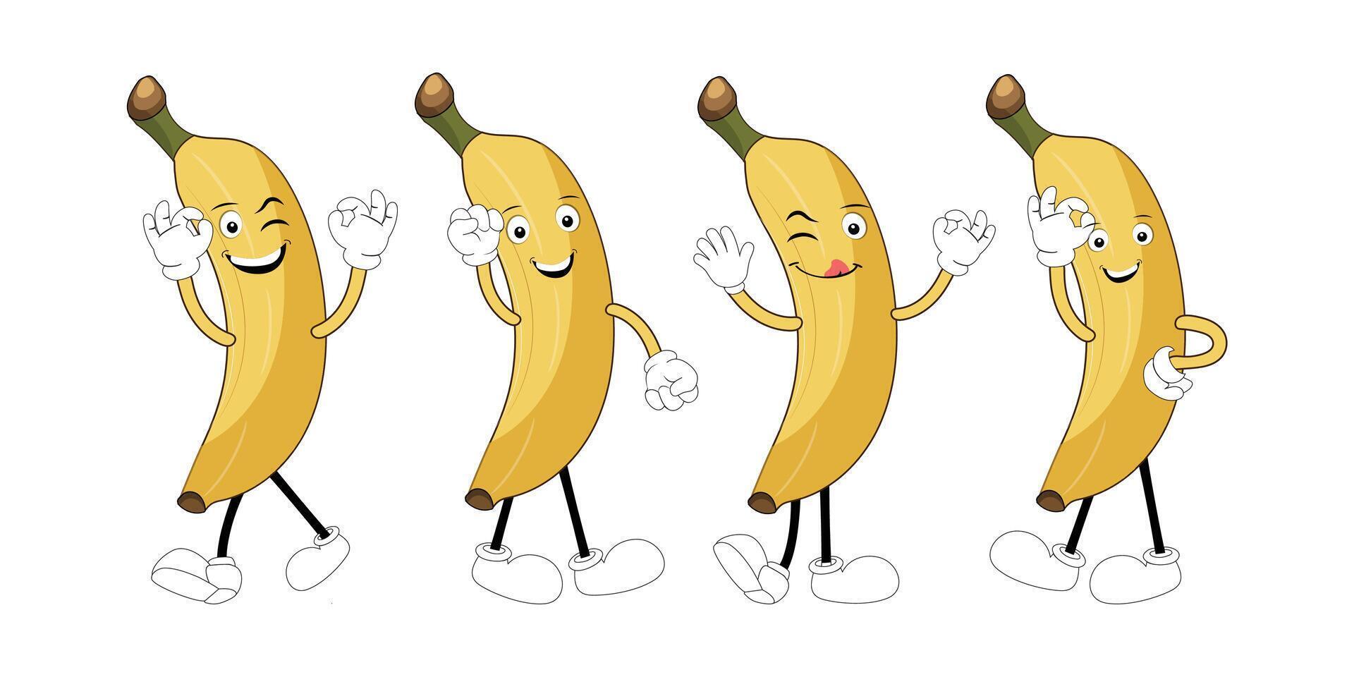 Groovy banana. Set funny cartoon trendy retro style fruit character. Ripe banana and banana peel in flat style. Doodle comic illustration dancing banana. vector