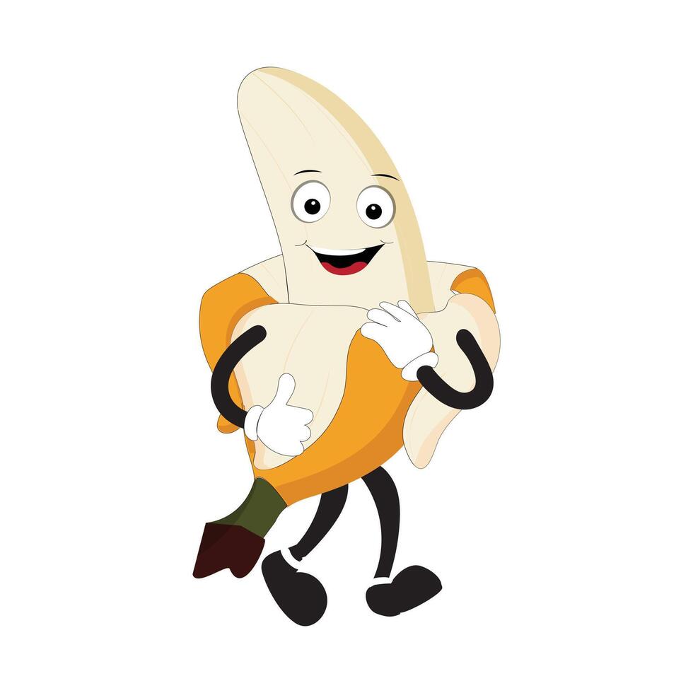 Banana mascot cartoon character, fruit cartoon character emoticon Cartoon happy banana mascot character waving hand. Mood booster fruit illustration of walking banana vector