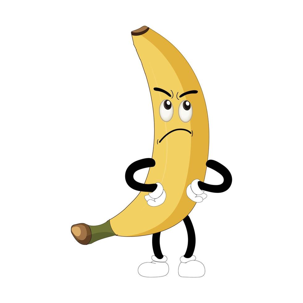 Banana mascot cartoon character, fruit cartoon character emoticon Cartoon happy banana mascot character waving hand. Mood booster fruit illustration of walking banana vector