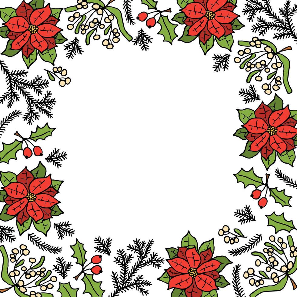 Christmas wreath or frame made of fir branches with poinsettia. vector