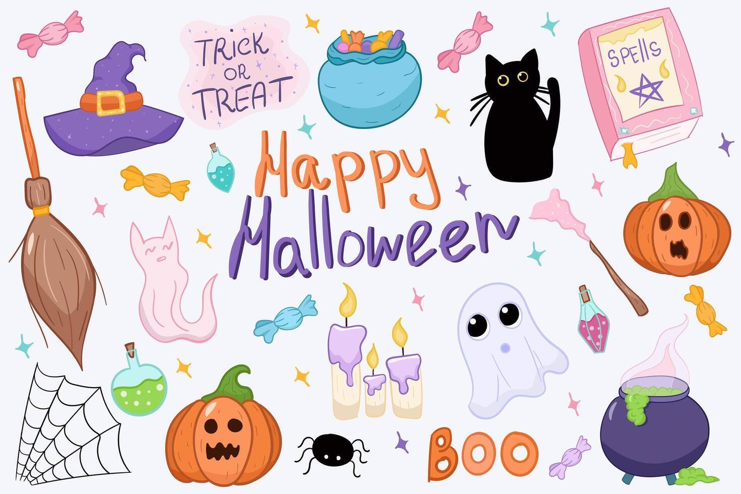 halloween sticker set, for web, print, social media, hand drawing vector