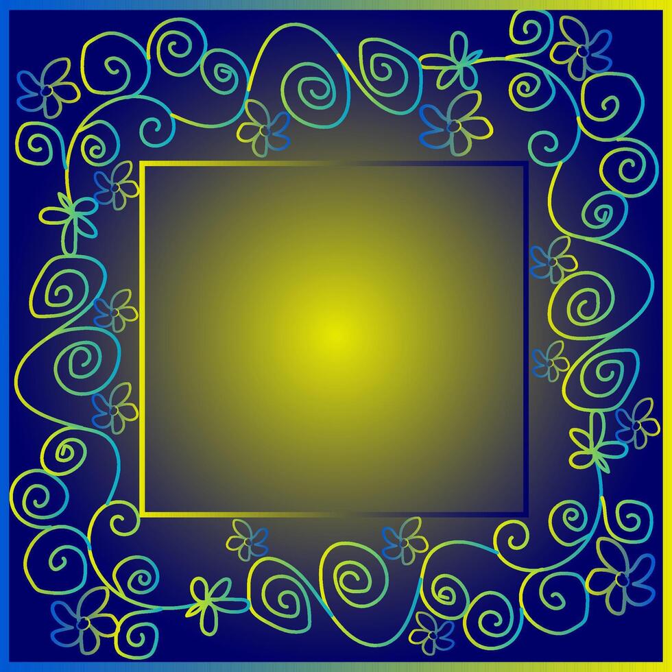 Blue square frame decorated with abstract gold pattern in the form of curls and spirals vector