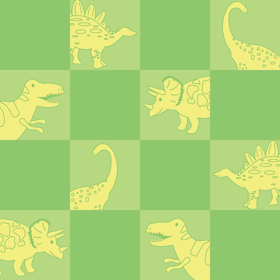 Checkered hand drawn dinosaurs animal childish seamless pattern vector