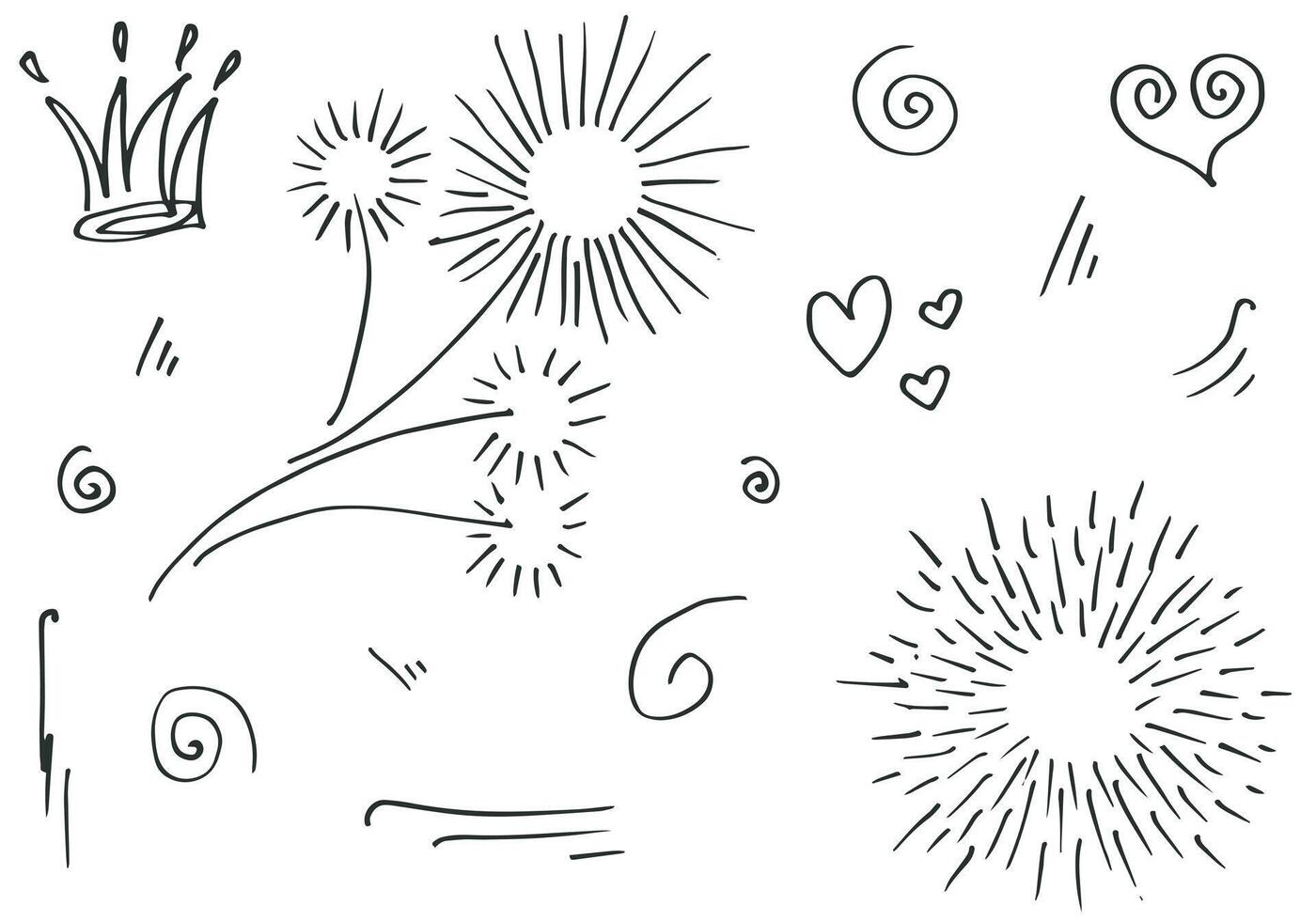 hand drawn set element,black on white background.heart,light,king,emphasis,swirl,for concept design. vector