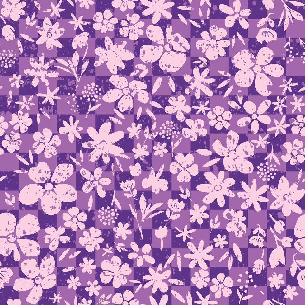 Monochrome grunge ditsy hand drawn flower seamless pattern on checkered background vector