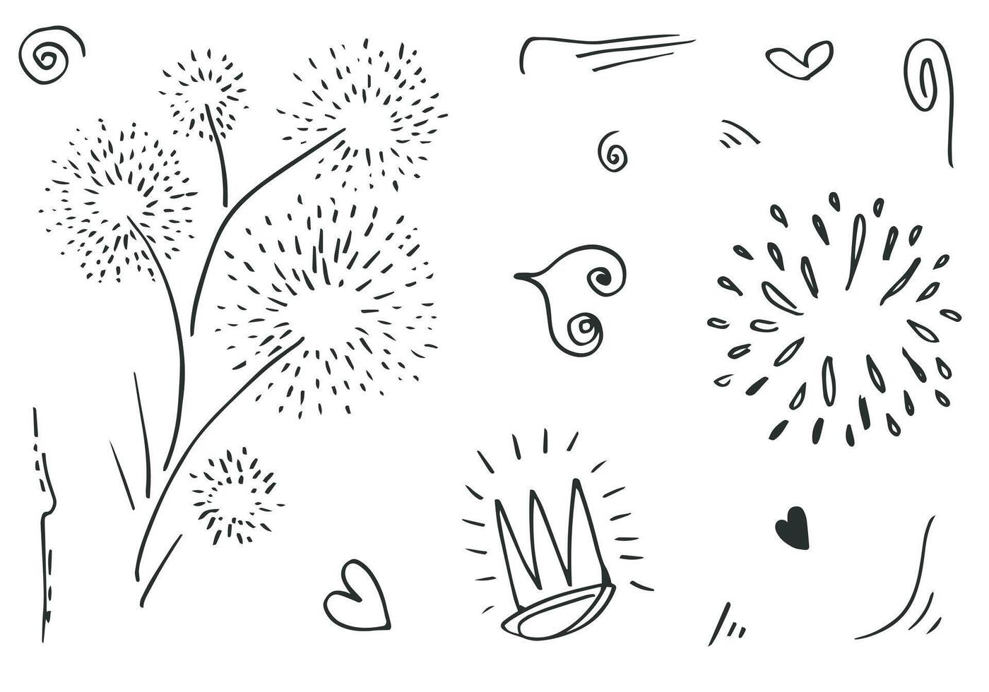 hand drawn set element,black on white background.heart,light,king,emphasis,swirl,for concept design. vector