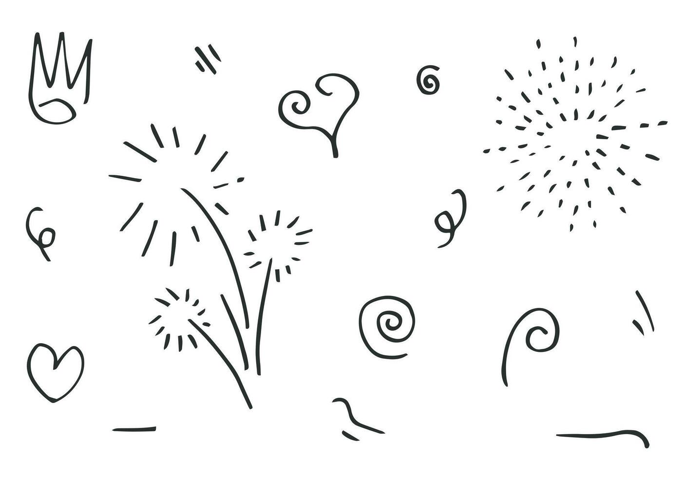 hand drawn set element,black on white background.heart,light,king,emphasis,swirl,for concept design. vector