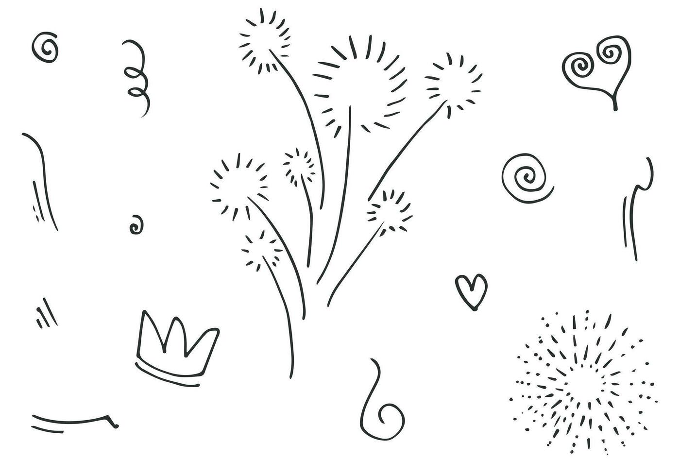 hand drawn set element,black on white background.heart,light,king,emphasis,swirl,for concept design. vector